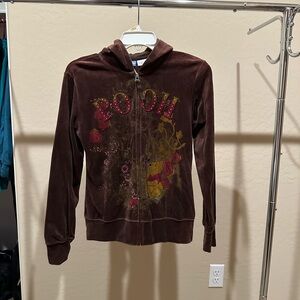 Disney Pooh Bear Hoodie Women's S Regular Brown Velvet Fleece Rhinestone Accent